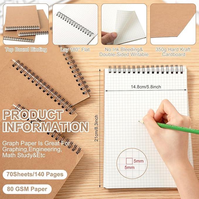 Engrowtic 2 Pack Graph Paper Spiral Notepad A5 Top Wirebound Notepad Grid - Image 2