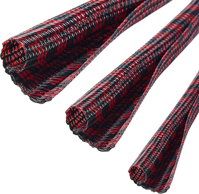 QCSIW Split Cable Sleeve, 3/8 inch 50ft Black Red Braided Wire Loom - Image 2