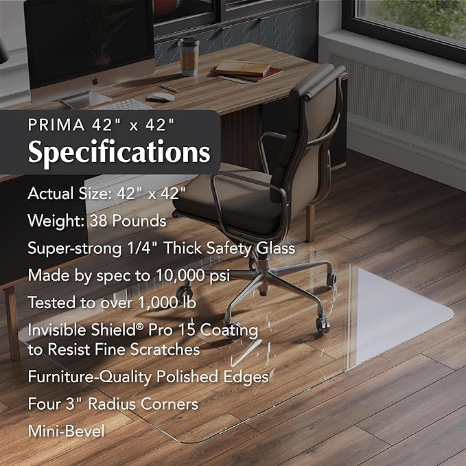 Vitrazza Glass Chair Mat 42” x 42” Superior ¼" thick, Chiaro Standard Clear - Image 4