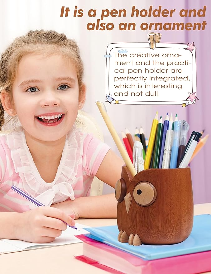 WODTILIFE Cute Owl Pen Holder for desk and walnut Phone Stand, Fun ebony pencil - Image 5