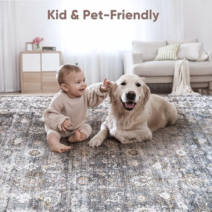 Rugcomf 8x10 Rug Washable Boho Soft Large Area Rug Non-Slip Faux Wool Vintage - Image 5