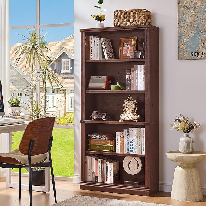 RWYHG 70" Walnut Tall Bookshelf Set of 2, 5-Tier Thick Wooden Book Shelf - Image 3