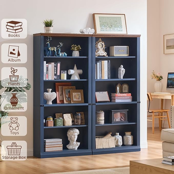 RWYHG 70" Blue Tall Bookshelf Set of 3, 5-Tier Thick Wooden Book Shelf - Image 4