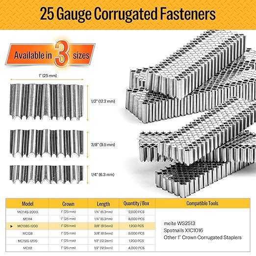 meite Corrugated Fasteners MC138 25 Gauge 1-Inch Crown 3/8-Inch Length Staples - Image 2