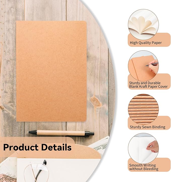 4 Pack Blank Kraft Notebooks, 8.3x5.5 Inches A5 Small Journals Bulk Blank - Image 3