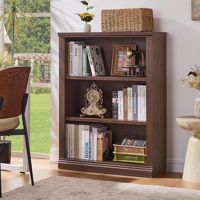 RWYHG 43" Walnut Tall Bookshelf Set of 2, 3-Tier Thick Wooden Book Shelf - Image 3