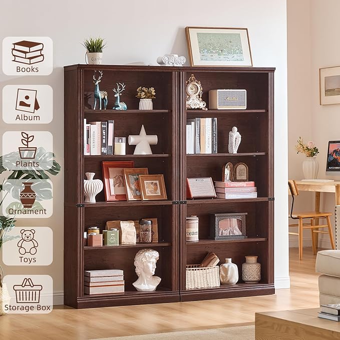 RWYHG 70" Walnut Tall Bookshelf Set of 4, 5-Tier Thick Wooden Book Shelf - Image 4