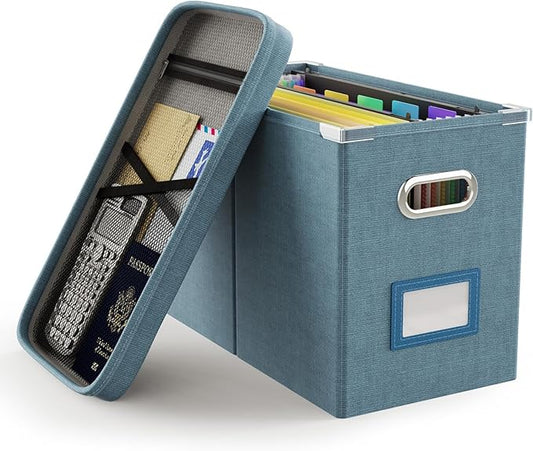 Oterri File Organizer Box with Lid, Hanging Filing File Box with Mesh Pocket by Oterri