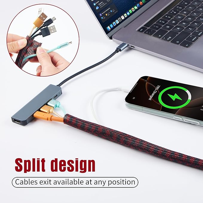 QCSIW Split Cable Sleeve, 1/2 Inch 10ft Black Red Braided Wire Loom - Image 7
