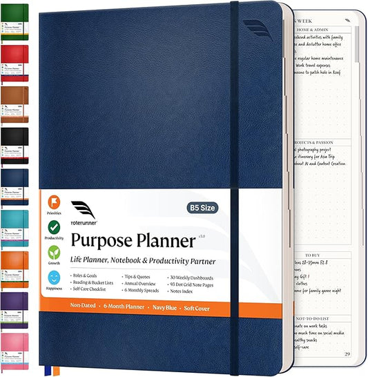 Roterunner Purpose Planner Notebook B5 7.5”x9.8” Undated Planner 2025 Daily by Roterunner