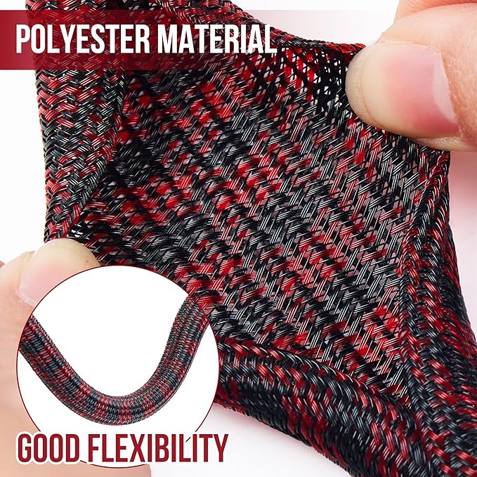 QCSIW Split Cable Sleeve, 1/4 inch 100ft Black Red Braided Wire Loom - Image 3
